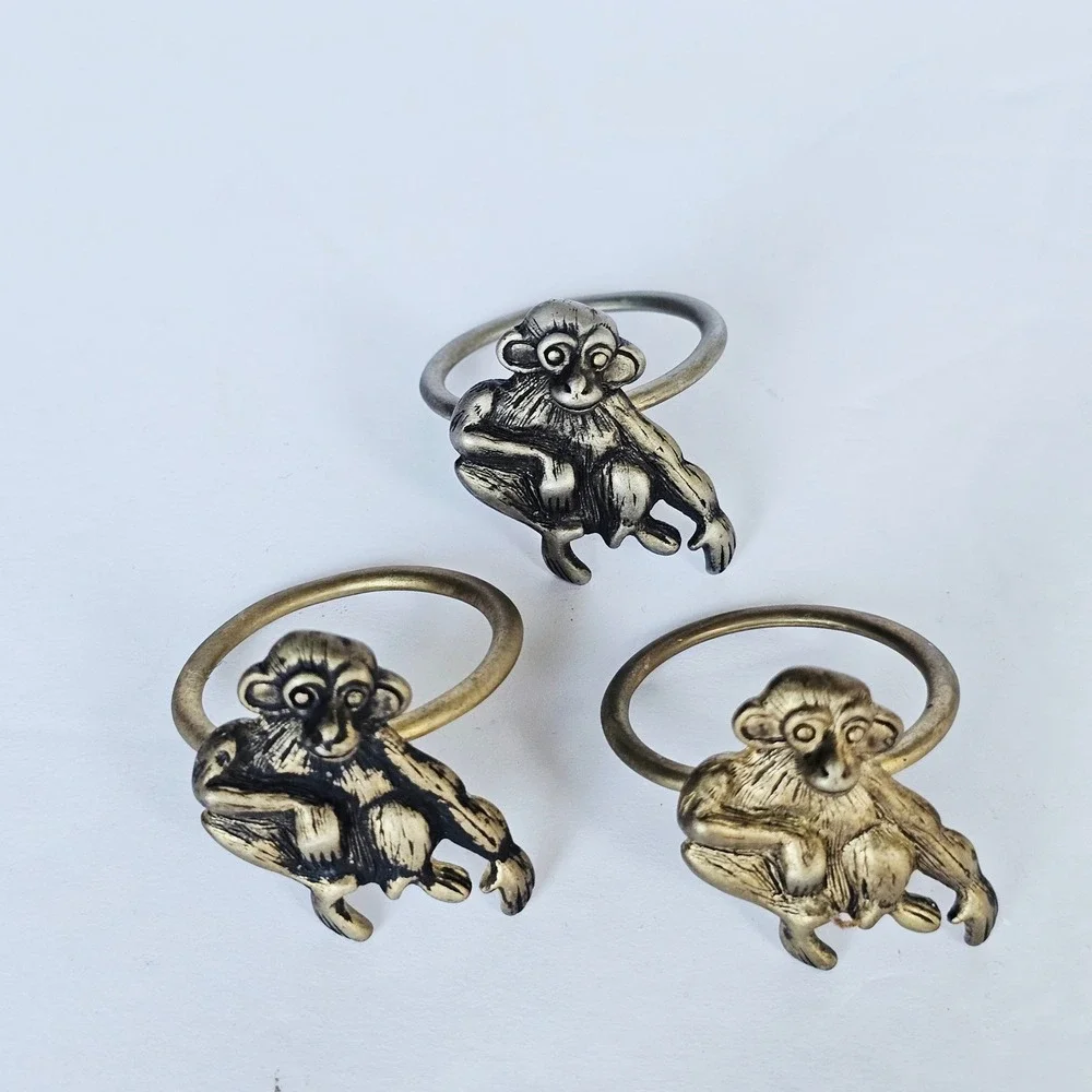 Vintage Monkey Napkin Rings Brass Tone Metal Animal Jungle Decor Set of 3